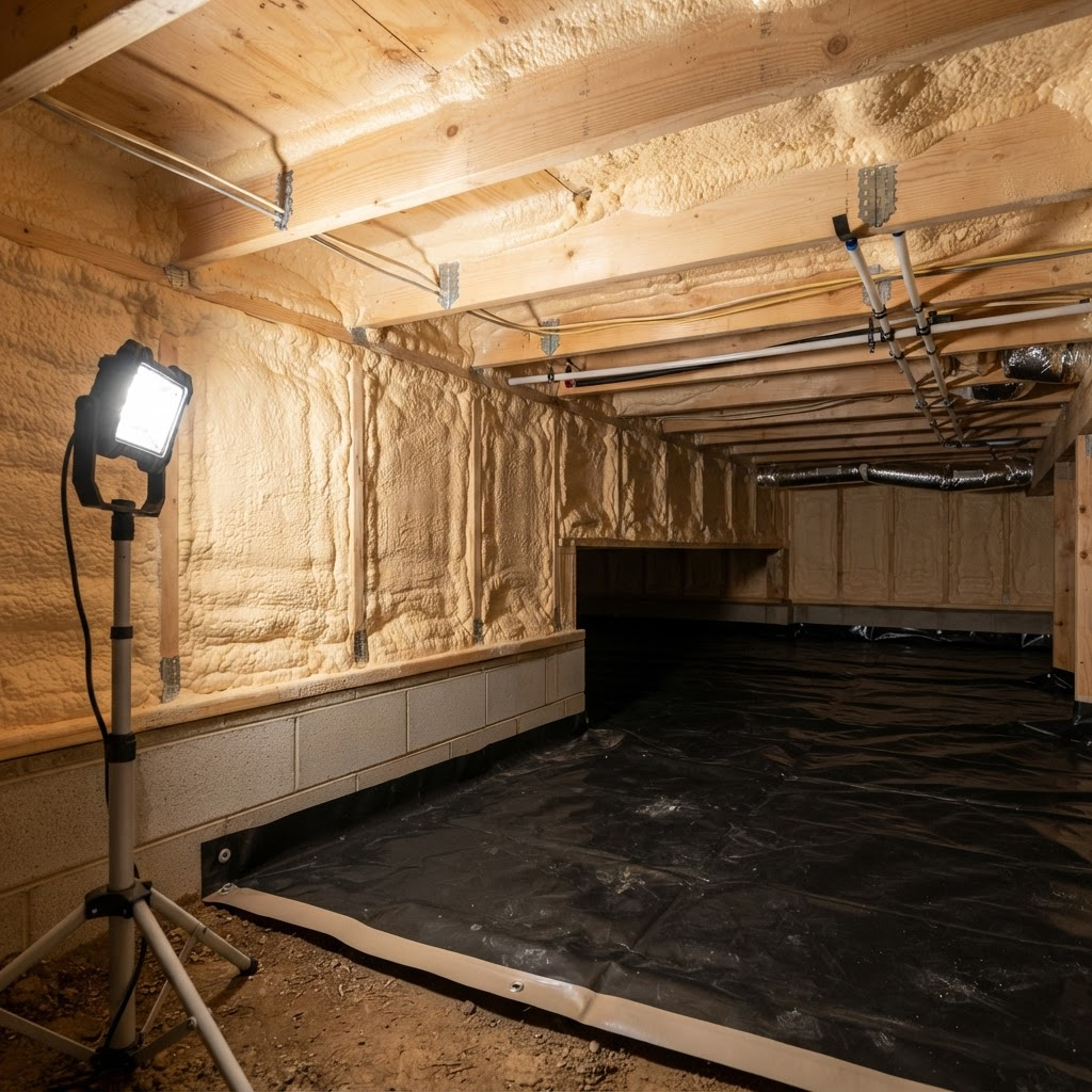 Crawl space rim joists sealed with spray foam insulation